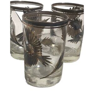 3 Vtg Silver Overlay Etched Peruvian Bird MCM Barware Shot Glass 3” Drink Ware